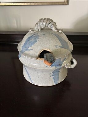 Handcrafted Vintage Signed Stoneware Lidded Pot,Ladle Brushstroke Accents
